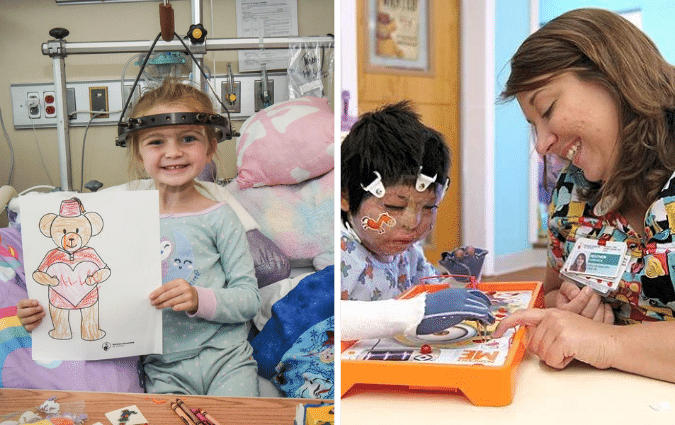 Two children play with toys from Camp Joy Kits while receiving treatment at a medical center.
