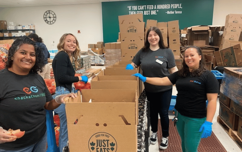 Volunteers sorting food donations. 